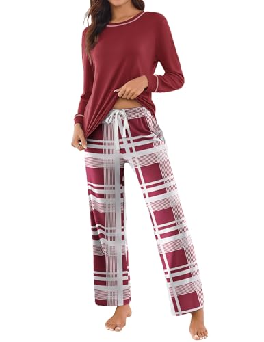 Ekouaer Pyjama Damen Lang Schlafanzug Damen Kuschelig Winter Warm Pyjama Set Kariert Pyjamahose, Rot, S von Ekouaer