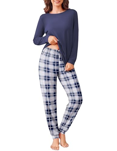 Ekouaer Pyjama Damen Lang Schlafanzug Damen Kuschelig Winter Warm Pyjama Set Kariert Pyjamahose mit Bündchen, Blau, S von Ekouaer