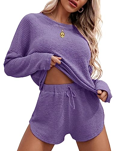 Ekouaer Pyjama Damen Lang Schlafanzug mit Taschen Frauen Nachtwäsche Zweiteiliger Pjs Sets Hausanzug Lila XL von Ekouaer