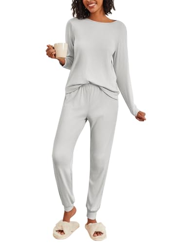 Ekouaer Pyjama Damen Lang Winter Warm Schlafanzug Damen Freizeitanzüge Winter Nachtwäsche Hellgrau XL von Ekouaer
