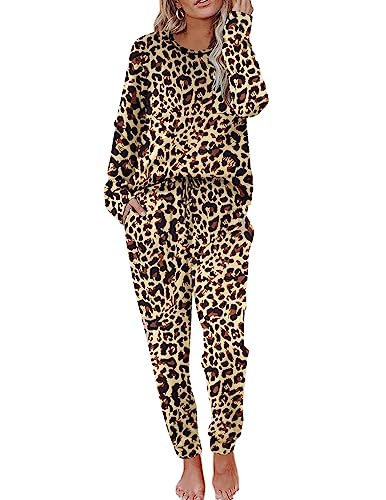 Ekouaer Pyjama Damen Langarm Nachtwäsche mit langen Hosen Weiche Loungewear Pj Set S-XXL, Aprikosen-Leopardenmuster, L von Ekouaer