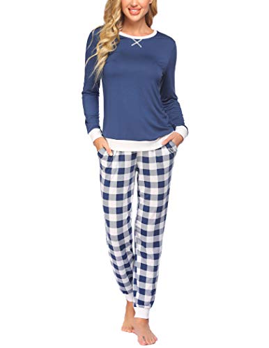 Ekouaer Pyjama Damen Langarm Schlafanzug Set Hausanzug Sleepwear O-Ausschnitt Zweiteiliger Nachtwäsche Lang Winter Blau XL von Ekouaer