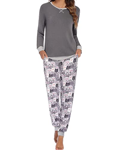 Ekouaer Pyjama Damen Langarmshirt Schlafanzug Frauen Nachtwäsche V-Ausschnitt Zweiteiliger Karierte Pjs Sets Hausanzug,Grau mit Katzen,M von Ekouaer
