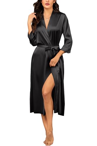 Ekouaer Pyjama Damen Morgenmantel Damen Lang Bademantel Brautjungfern-Hochzeitsfeier Seidenroben Satin Nachtwäsche mit Taschen Kimono, Schwarz, M von Ekouaer