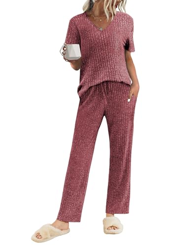 Ekouaer Pyjama Damen Rippen 2 Pieces Schlafanzug Lang Hose Bequem Hausanzug Weinrot XL von Ekouaer