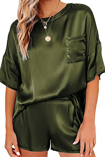 Ekouaer Pyjama Damen Satin Pyjama Set Kurzarm Pijamas Damen Set Schlafanzug Seiden Lounge Wear für Damen Nachtwäsche Tops Hausanzug mit Tasche Freizeitanzug,Armee grün,M von Ekouaer