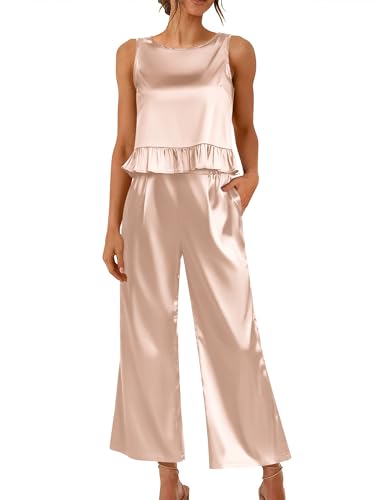 Ekouaer Pyjama Damen Satin Schlafanzug ärmellos mit Rüschen Nachtwäsche sexy Sommer Loungewear Champagne XXL von Ekouaer