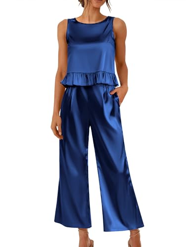 Ekouaer Pyjama Damen Satin Schlafanzug ärmellos mit Rüschen Nachtwäsche sexy Sommer Loungewear Navy blau XXL von Ekouaer