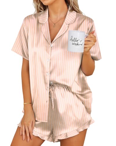 Ekouaer Pyjama Damen Satin Zweiteiliger Schlafanzug Sommer Nachtwäsche Kurzer Hausanzug Champagne Streifen XL von Ekouaer