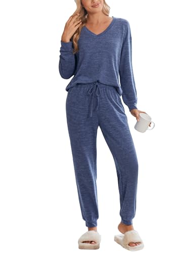 Ekouaer Pyjama Damen Schlafanzug Damen Lang Bequemer Schlafanzüge Für Damen Pjamas Set Hausanzug Mit Bündchen Blau + Lila M von Ekouaer