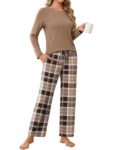 Ekouaer Pyjama Damen Schlafanzug Damen Lang Kuschelig Winter Warm Pyjama Set Kariert Pyjamahose, Braun, M von Ekouaer