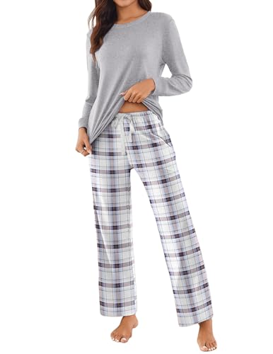 Ekouaer Pyjama Damen Schlafanzug Damen Lang Kuschelig Winter Warm Pyjama Set Kariert Pyjamahose, Hellgrau, M von Ekouaer