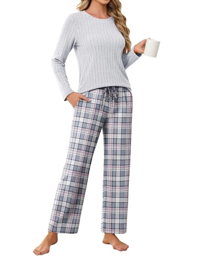 Ekouaer Pyjama Damen Schlafanzug Damen Lang Kuschelig Winter Warm Pyjama Set Kariert Pyjamahose, Hellgrau, M von Ekouaer