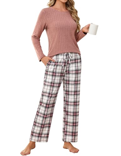 Ekouaer Pyjama Damen Schlafanzug Damen Lang Kuschelig Winter Warm Pyjama Set Kariert Pyjamahose, Rosa, M von Ekouaer