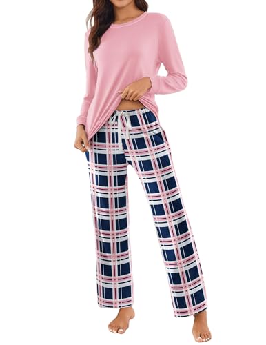 Ekouaer Pyjama Damen Schlafanzug Damen Lang Kuschelig Winter Warm Pyjama Set Kariert Pyjamahose, Rosa, M von Ekouaer