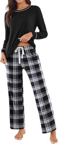 Ekouaer Pyjama Damen Schlafanzug Damen Lang Kuschelig Winter Warm Pyjama Set Kariert Pyjamahose, Schwarz, M von Ekouaer