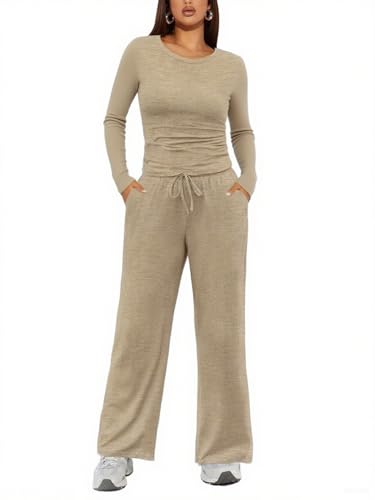 Ekouaer Pyjama Damen Schlafanzug Lang Loungewear Pyjama Set Nachtwäsche Langarm Winter Zweiteiliger Hausanzug, Hellbraun S von Ekouaer