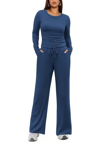 Ekouaer Pyjama Damen Schlafanzug Lang Loungewear Pyjama Set Nachtwäsche Langarm Winter Zweiteiliger Hausanzug, Marineblau S von Ekouaer