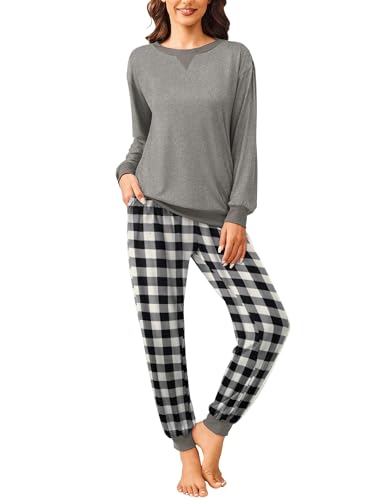 Ekouaer Pyjama Damen Schlafanzug Lang Pyjama Set Herbst Winter Nachtwäsche Zweiteiliger Sleepwear Soft Loungewear Hausanzug grau XL von Ekouaer
