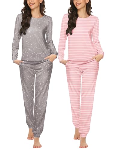 Ekouaer Pyjama Damen Schlafanzug Lang Rundhals Nachtwäsche Winter Lounge Set Frottee 2 Piece, Stern + Gestreift, S von Ekouaer