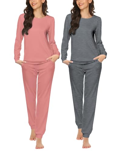 Ekouaer Pyjama Damen Schlafanzug Langarm Lang Hose Loungewear Set mit Taschen Nachtwäsche Herbst, Rosa + Grau, XL von Ekouaer