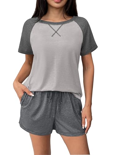 Ekouaer Pyjama Damen Sommer Kurz Schlafanzug Set Kurzarm Shorts Nachtwäsche Hausanzug,Hellgrau, XXL von Ekouaer
