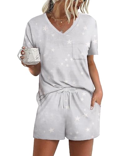 Ekouaer Pyjama Damen Sommer Schlafanzug Damen Casual Loungeset Kurzarm Grau-Stern M von Ekouaer