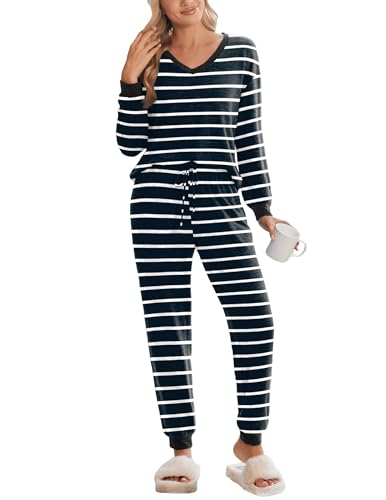 Ekouaer Pyjama Damen V-Ausschnitt Schlafanzüge Für Damen Zweiteiliger Schlafanzug Lang Weich Hausanzug Weiß + Schwarz XXL von Ekouaer