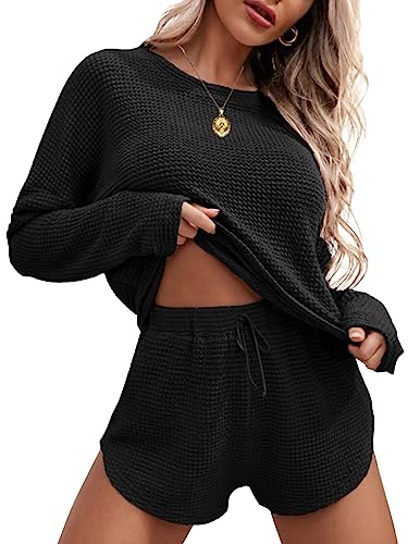 Ekouaer Schlafanzug Damen Lang Pyjama Damen Waffelstrick Langarm Schlafanzüge für Damen Nachtwäsche Lounge Pyjama Set mit Taschen, Schwarz S von Ekouaer