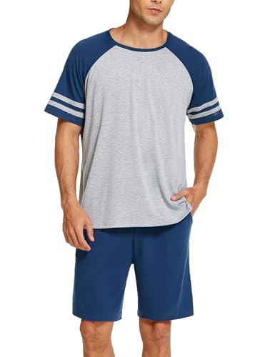 Ekouaer Pyjama Herren Kurz Schlafanzug Kurzarm Nachtwäsche Nightwear Set Rundhals T-Shirt und Shorts Sommer, Navy blau M von Ekouaer