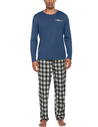 Ekouaer Pyjama Herren Lang Baumwolle Winter Set Schlafanzug Herren Zweiteilig Nachtwäsche Langarm Shirt und Loungehose mit Taschen Rundhals Blau S von Ekouaer