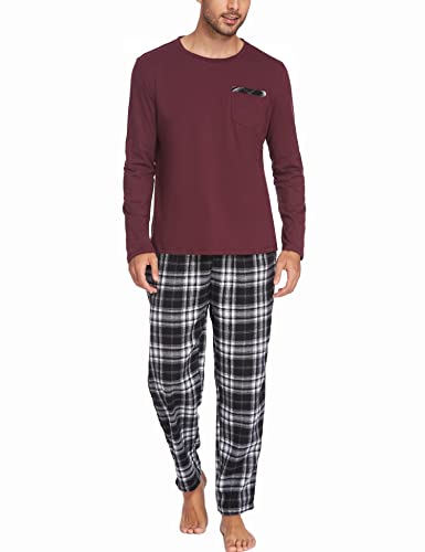 Ekouaer Pyjama Herren Schlafanzug Lang Set Baumwolle Nachtwäsche Langarm Shirt mit Tasche Lang Hose Zweiteilig Dunkelrot XXL von Ekouaer