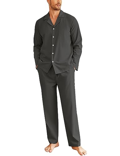 Ekouaer Pyjama Herren Schlafanzug Lang Zweiteiliger Baumwolle Nachtwäsche Langarm Shirt V-Ausschnitt Knopfleiste Loungehose Nightwear, Dunkelgrau, S von Ekouaer