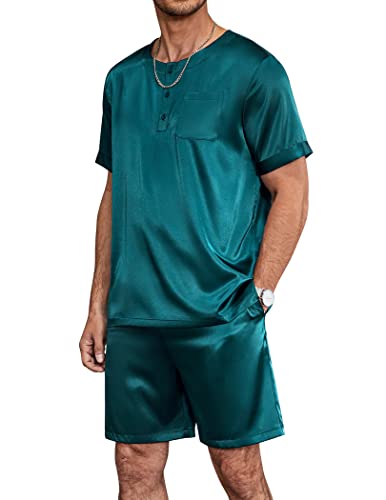 Ekouaer Pyjama Herren Set Kurz Schlafanzug Satin Nachtwäsche Knöpfe Hausanzug Sommer Rundhals Kurzhose, Grün, L von Ekouaer