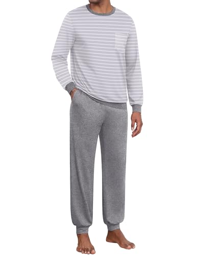Ekouaer Pyjama Herren Streifen Schlafanzug Herren Lang Pijamas mit Tasche und Bündchen Pjama Set Zweiteiliger, Weiß + Grau, L von Ekouaer