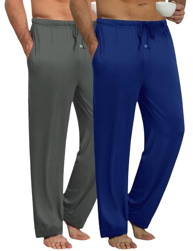 Ekouaer Herren Pyjamahose Lang Schlafanzughosen für Herren Karierte Pyjama Hose Nachtwäsche 2er Packs,blau + grau,L von Ekouaer