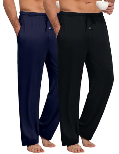 Ekouaer Herren Schlafanzughose Lang Karierte Schlafhose Pyjamaunterteil Pyjamahose Freizeithose Loungehose für Männer,schwarz+blau,L von Ekouaer