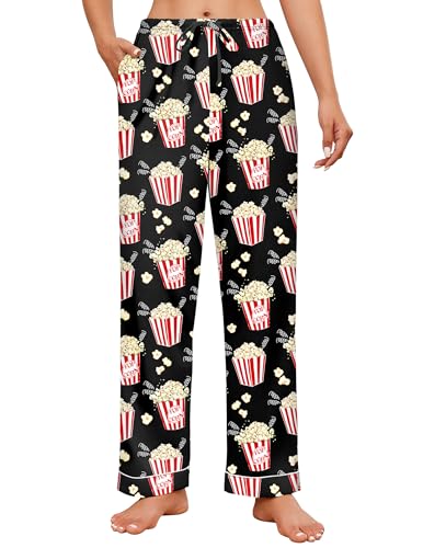 Ekouaer Pyjama Hosen Damen Karierte Lang Schlafanzughose mit Kordelzug Freizeithose Blickdicht Stretch Jogginghosen, Popcorn XXL von Ekouaer