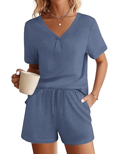 Ekouaer Pyjama Kurz Schlafanzug für Damen Kurzarm Pyjama Set Hausanzug Sommer V-Ausschnitt Nachtwäsche weich PJS mit Tasche Navy Blau XL von Ekouaer