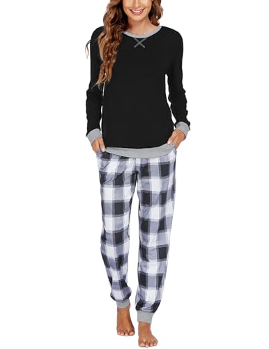 Ekouaer Pyjama Langarm Damen Schlafanzug Lang Pyjamas Set Nachtwäsche Zweiteiliger mit Damen Pyjamahose und Shirt Rundhals Elastischer Bund Taschen Sleepwear für WinterSchwarz + Grau Karo L von Ekouaer