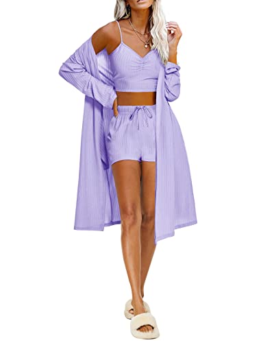 Ekouaer Pyjama Set Damen 3-Teiliger Schlafanzug Sexy Negligee Nachtwäsche Cami-Top & Kurzhose & Morgenmantel lila L von Ekouaer