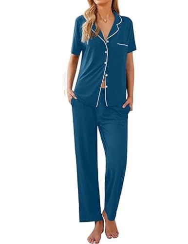 Ekouaer Pyjama Set Damen Long Schlafanzug Kurz Kurzarm und Lange Hose Hausanzug Lounge Set Knopf Nachtwäsche Damen, Himmelblau, XL von Ekouaer