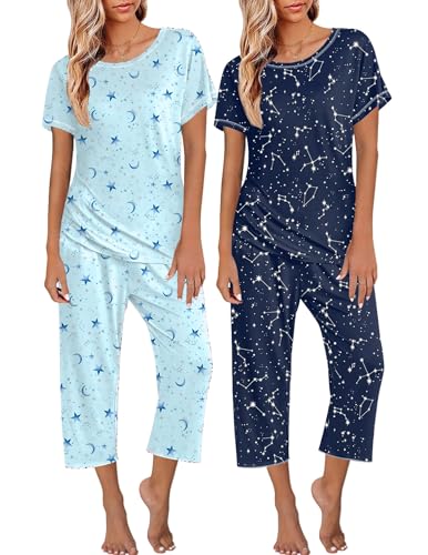 Ekouaer Pyjama Set Damen Schlafanzug Kurzarm Top mit 3 Viertel Hose Zweiteiliger Schlafanzüge, Hellblau+Kosmos, XXL von Ekouaer
