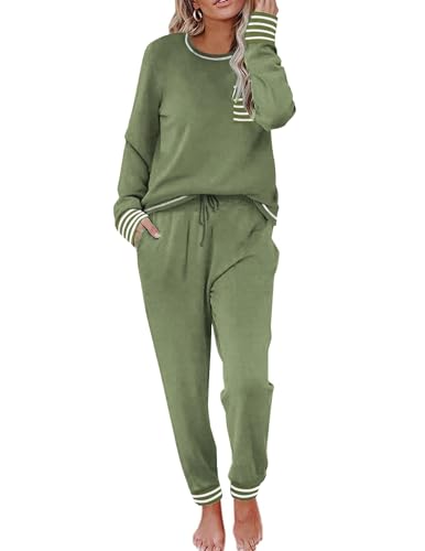 Ekouaer Damen Lang Zweiteiliger Schlafanzug Rundhals Nachtwäsche Winter Schlafanzüge Soft Loungewear Hausanzug Sleepwear für Frauen Pyjama Lounge Set,Armeegrün,S von Ekouaer