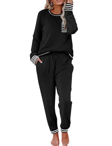 Ekouaer Damen Schlafanzug Lang Pyjama Set Rundhals Hausanzug Sleepwear Winter Nachtwäsche Zweiteiliger Nachtwäsche Sleepwear und Pyjamahose,Schwarz,S von Ekouaer