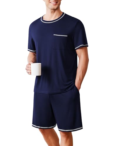 Ekouaer Schlafanzughose Pyjama Set Herren Kurz Rundhals Zweiteiliger Schlafanzug Sommer Kurzarm, Navyblau, XXL von Ekouaer