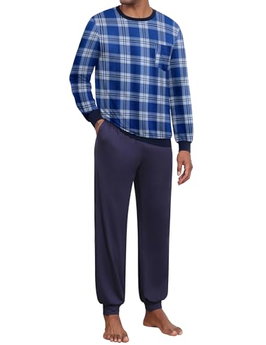 Ekouaer Pyjama Set Herren Lang Schlafanzug mit Brusttasche Zweiteiliger NachtwäSche, Blau Kariert + Marineblau, M von Ekouaer