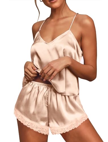 Ekouaer Pyjama Set Satin Damen Kurze Schlafanzug Set Ärmellos Nachtwäsche Sexy Zweiteiliger, Sekt XXL von Ekouaer