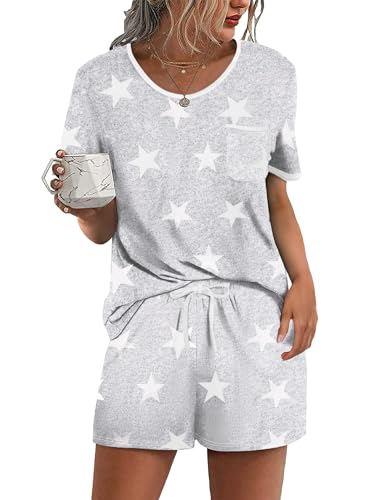 Ekouaer Pyjama Set Damen Kurz Schlafanzug 2-teiliges Loungewear Set Oberteile und Shorts weiche Nachtwäsche Brusttasche, Hellgrau, M von Ekouaer