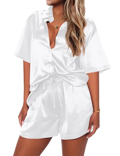 Ekouaer Pyjama für Damen, Seide, weich, kurzärmelig, Nachtwäsche, Satin, Knopfleiste, Oberteil und Shorts, Pyjama, Lounge-Set, Trainingsanzug, S-XXL, Weiss/opulenter Garten, L von Ekouaer